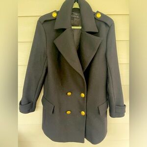 Zara woman wool double breasted peacoat with brass button detail. Sz L.